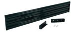 This black metal garage door brace, set against a white background, boasts a ribbed design for strength. Comparable in durability to the Vestil Drop-In Style Guard Rail 8 Ft Black, it comes with two brackets and multiple screws for secure installation.