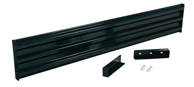 This black metal garage door brace, set against a white background, boasts a ribbed design for strength. Comparable in durability to the Vestil Drop-In Style Guard Rail 8 Ft Black, it comes with two brackets and multiple screws for secure installation.