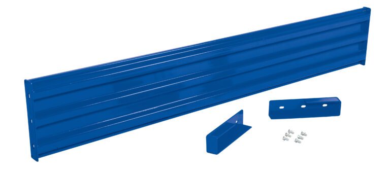 A blue metal kickplate, similar to the Vestil Drop-In Style Guard Rail 8 Ft Blue, has a ribbed texture and includes two L-shaped brackets with screws for easy assembly, shown on a white background.