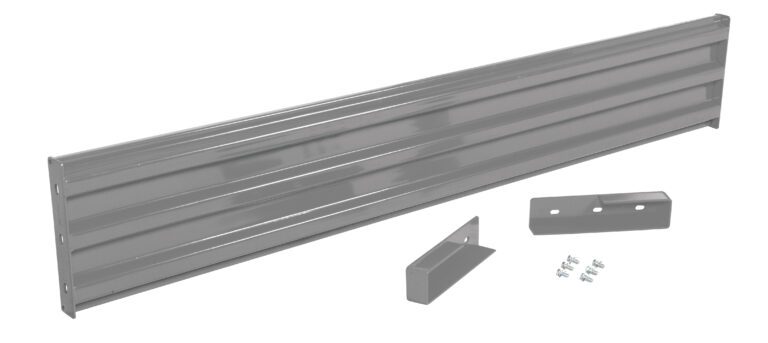 The sleek Vestil Drop-In Style Guard Rail 8 Ft Gray Semi Gloss is showcased with two brackets and screws for easy assembly, offering a smooth, reflective finish perfect for any modern space.