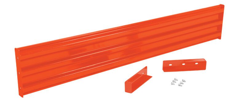 GR-F3R-DI-8-OR_A.jpg A long, orange metal beam similar to the Vestil Drop-In Style Guard Rail 8 Ft Orange comes with two short L-shaped brackets and screws on a white background.