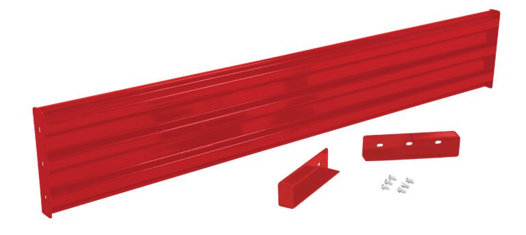 A set of red metal shelf brackets, featuring a long horizontal beam like the Vestil Drop-In Style Guard Rail 8 Ft Red, includes grooved surfaces, two smaller angled brackets, and screws. Each piece is arranged meticulously on a crisp white background.