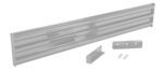 The Vestil Drop-In Style Guard Rail 8 Ft Silver, with a ribbed texture, is shown on a white background. It comes with two bracket pieces and small screws for simple assembly or installation.