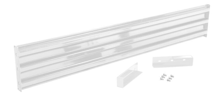 A white metal wall-mounted shelf bracket with extra vertical support and assembly screws mirrors the sturdy design of the Vestil Drop-In Style Guard Rail 8 Ft White.