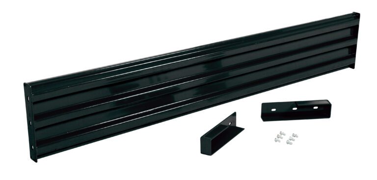 A sleek black metal shelf with a glossy finish comes with two matching brackets and screws for mounting. Its simple, modern design mirrors the streamlined elegance of the Vestil Drop-In Style Guard Rail 9 Ft Black.