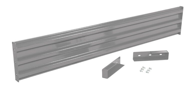 A long, rectangular gray metal panel with horizontal grooves resembles the Vestil Drop-In Style Guard Rail 9 Ft Gray Semi Gloss, accompanied by two small angled brackets and screws. These parts appear to be for a construction or furniture assembly kit.