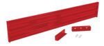 A long red metal shelf piece, similar to the Vestil Drop-In Style Guard Rail 9 Ft Red, comes with two red mounting brackets and eight screws. The shelf has horizontal grooves, while the brackets have holes for secure attachment.