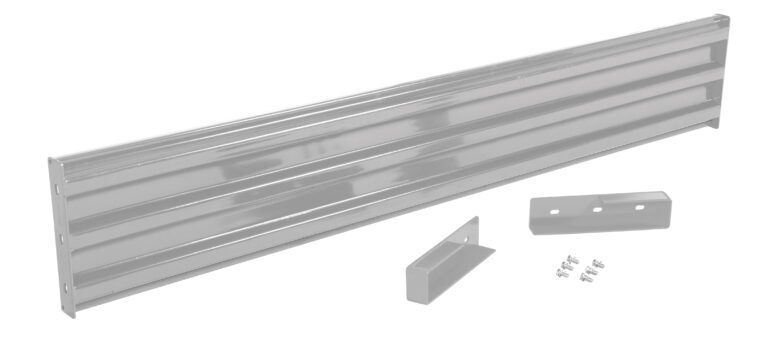 The Vestil Drop-In Style Guard Rail 9 Ft Silver includes a horizontal piece with parallel grooves, two L-shaped supports, and screws, all set against a plain white background.