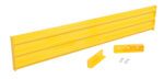 The Vestil Drop-In Style Guard Rail 9 Ft Yellow boasts a ribbed texture and comes with two smaller brackets and screws, making it ideal for secure assembly or mounting against a crisp white background.