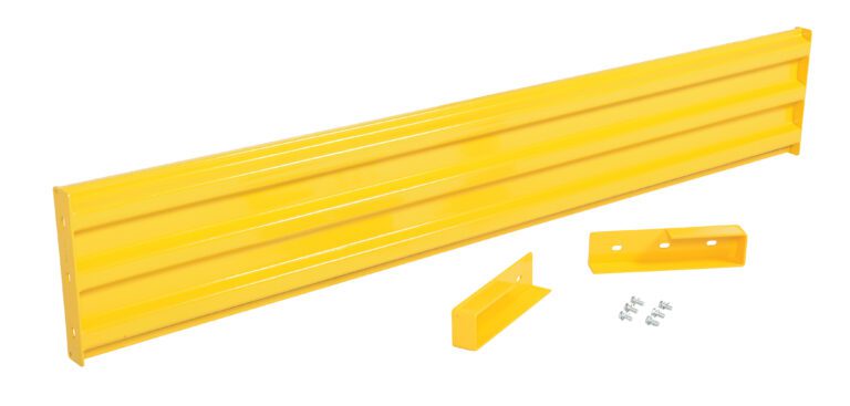 GR-F3R-DI-9-YL_A.jpg The Vestil Drop-In Style Guard Rail 9 Ft Yellow boasts a ribbed texture and comes with two smaller brackets and screws, making it ideal for secure assembly or mounting against a crisp white background.