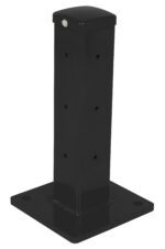 The Vestil Rigid Tube Post 18 In Drop-In Style Black features a tall, sleek design with an 18-inch rectangular shape, rounded edges, vertically aligned holes, and is supported by a flat square base with gently rounded corners.