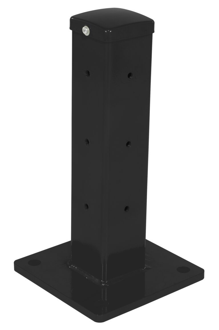 The Vestil Rigid Tube Post 18 In Drop-In Style Black features a tall, sleek design with an 18-inch rectangular shape, rounded edges, vertically aligned holes, and is supported by a flat square base with gently rounded corners.