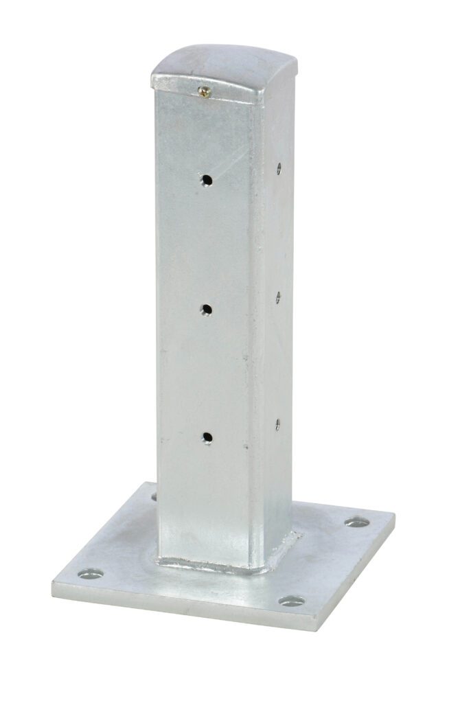GR-F3R-DI-TP18-HDG_A.jpg The Vestil Rigid Tube Post 18 In Drop-In Style Galvanized, standing at 18 inches tall, is a gray metal structure with a flat base containing four securing holes, a rounded top, and several small side holes for mounting or adjustments.
