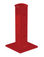 The Vestil Rigid Tube Post 18 In Drop-In Style Red features a square shape, domed top, and side holes, securely mounted on a flat square base.