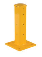 The Vestil Rigid Tube Post 18 In Drop-In Style Yellow is a sturdy column with a square base, rounded top, and evenly spaced side holes. The 18-inch post also has four corner holes on the base, perfect for secure installation on various surfaces.