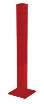 The Vestil Rigid Tube Post 42 In Drop-In Style Red serves as a sturdy metal support with multiple holes on a square base, designed for structural applications. It includes four corners on its base for secure bolting to surfaces.
