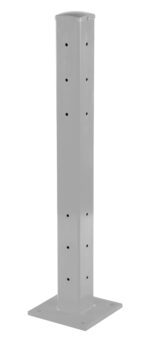 The Vestil Rigid Tube Post 42 In Drop-In Style Silver Lining is a sleek, 42-inch tall post with a silver-gray finish, multiple small holes, a sturdy square base, smooth lines, and rounded top edges for an elegant silhouette.