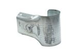 The Vestil Guard Rail System Buffer End Guard is a metallic, U-shaped bracket with two mounting holes on its textured top left surface. Its visible scratches and marks add to its rugged, worn appearance.