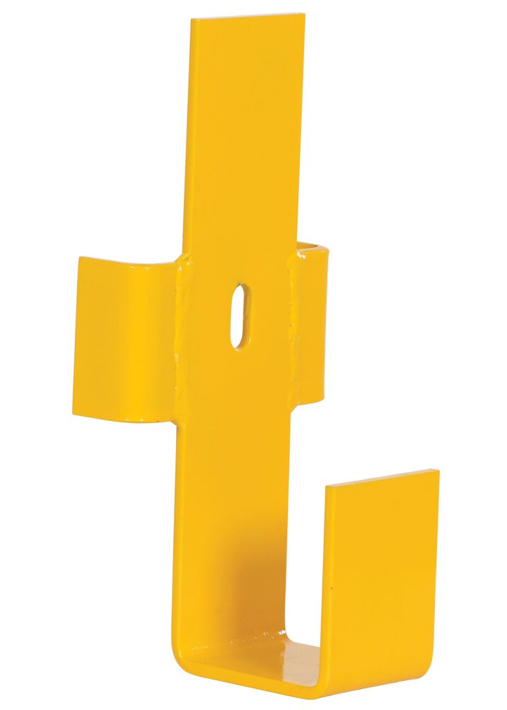 GR-H2R-BKT-CS-DI_A.jpg A yellow metal hook with a rectangular backplate and vertical mounting slot, resembling the Vestil Gr Ctr Support Bracket 10 To 12 Ft Rail, features a U-shaped bracket for item support against a plain white background.