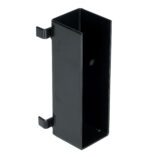 The Vestil Guard Rail System Drop In U-Bracket Blk is a black, rectangular metal bracket with two side hooks for secure mounting, ideal for versatile support. Its open structure is highlighted against a plain white background.