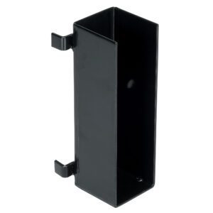 The Vestil Guard Rail System Drop In U-Bracket Blk is a black, rectangular metal bracket with two side hooks for secure mounting, ideal for versatile support. Its open structure is highlighted against a plain white background.