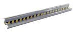 A long, shiny metal beam with a wavy design and a black-and-yellow striped middle section resembles the sturdy Vestil Guard Rail Straight Rail Galv 120 In.