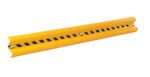 The Vestil Guard Rail Straight Rail in bright yellow, 120 inches long, features evenly spaced rectangular slots. Slightly curved with a smooth finish, it combines style and functionality.