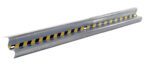 The Vestil Guard Rail Straight Rail Galv 132 In includes a metallic guardrail with a silver finish, accented by black and yellow diagonal safety stripes. Its slightly curved design provides impact protection, and the plain white backdrop highlights its sleek look.