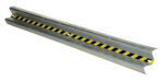 The Vestil Guard Rail Straight Rail Galv 144 In has a U-shaped profile, a black and yellow striped pattern, and a reflective surface along its center, offering safety with its galvanized finish.