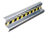 The Vestil Guard Rail Straight Rail Galv 48 In features a yellow and black diagonal stripe pattern, a shiny galvanized finish for durability, and a concave shape expertly designed for effective impact absorption.