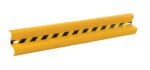 The Vestil Guard Rail Straight Rail Yel 48 In is a vibrant yellow 48-inch rail with diagonal black stripes and holes on each end for secure mounting, ensuring strong safety and visibility.