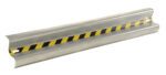 The Vestil Guard Rail Straight Rail Galv 60 In features a black and yellow hazard stripe on its curve. With bolt holes for simple installation, this robust rail system combines safety with durability in galvanized steel.