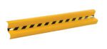 The Vestil Guard Rail Straight Rail Yel 60 In is a horizontal yellow safety barrier with black stripes, featuring mounting holes on each end, perfect for industrial or safety use.