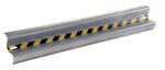 The Vestil Guard Rail Straight Rail Galv 72 In is a metallic guardrail with reflective black and yellow stripes for road safety. Its slotted ends allow for easy installation and strong protection.