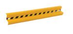 The Vestil Guard Rail Straight Rail Yel 72 In is a yellow safety barrier with black stripes, featuring two circular mounting holes at each end for secure installation as a protective guard in various settings.