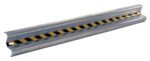A metallic road barrier with a reflective yellow and black diagonal stripe, similar to the Vestil Guard Rail Straight Rail Galv 96 In, features a curved design and mounting holes on each end for secure installation.
