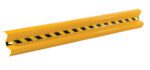 The Vestil Guard Rail Straight Rail Yel 96 In is bright yellow with black diagonal stripes and a rounded protective design. Its small mounting holes make it ideal for warehouses or industrial settings, providing extended coverage at 96 inches to prevent damage.
