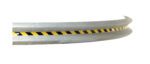 Close-up of the Vestil Guard Rail Curved Rail Galv 144 In, highlighted by a central stripe with black and yellow diagonal caution stripes, set against a plain white background.