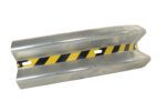 The Vestil Guard Rail Curved Rail Galv 48 In showcases a unique black and yellow striped pattern. Its precision curve and dual elongated holes ensure safe mounting, making it ideal for durable protection in roadways or construction zones.
