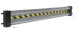 The Vestil Guard Rail System Drop In Rail 87 In offers a metal guardrail with a galvanized finish and yellow and black caution stripes. It is supported by durable black brackets on both ends, ensuring optimal safety for barrier use.