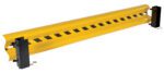 The Vestil Guard Rail System Drop In Yel 99 In is a long, curved yellow safety guard with black diagonal stripes and mounting brackets, designed for maximum industrial protection.