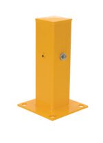 The Vestil Guard Rail System Tubular Post 18 In is complemented by a yellow metal bollard base, square-shaped with a side bolt, featuring a flat square plate and four corner holes for easy mounting.