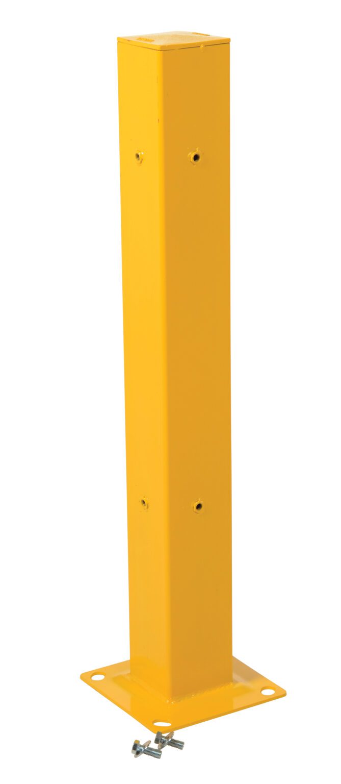 A yellow “Vestil Guard Rail System Tubular Post 42 In” bollard stands upright on a plain white background. It has a square base with four holes and features a lockable hasp at the bottom for extra security.