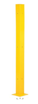 The Vestil Guard Rail System Tubular Post 72 In is a yellow square metal post that stands 72 inches tall with mounting holes. Positioned vertically against a white background, its base is securely fastened with four bolts.