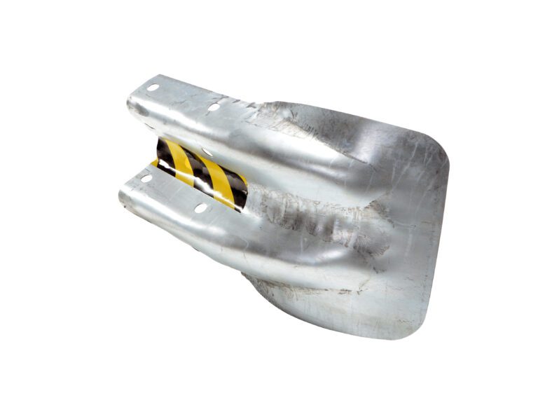 A metallic shovel with a curved blade has two holes near the top handle. The slightly worn blade resembles the Vestil Guard Rail System Flared End Guard, featuring a central yellow strip with black diagonal stripes for an industrial look.