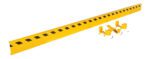 A 12 ft yellow metal rail with black squares, similar to the Vestil Channel Guard Rail, is paired with three yellow brackets and small screws on a white background.