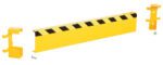 The Vestil Channel Guard Rail 4 Ft Length W/Bracket, featuring black diagonal stripes on yellow, disassembles into a 4 ft. horizontal beam and two vertical mounts with bolt holes. Brackets, bolts, and screws are included for easy assembly.