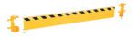The Vestil Channel Guard Rail 6 Ft Length W/Bracket features a striking yellow and black striped design. It includes two yellow mounting brackets and bolts, all displayed on a simple white background for a clean appearance.