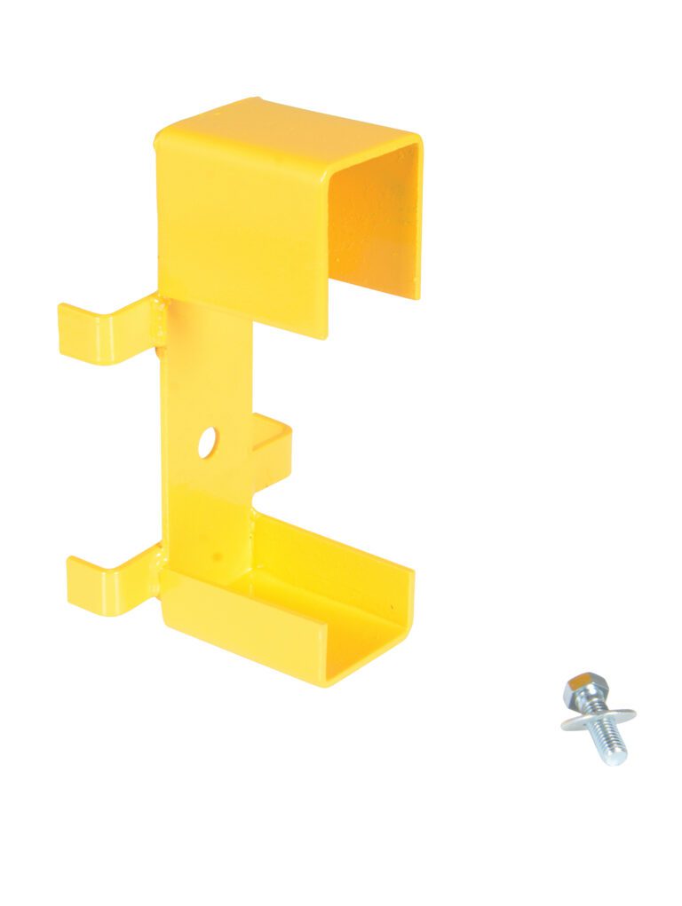 The Vestil Channel Guard Rail - Mounting Bracket features a yellow steel U-shaped top with side hooks and a central hole, ideal for complementing the guard rail. A nearby small screw with a nut completes the setup on a white background.