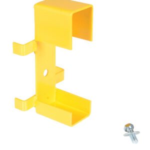 The Vestil Channel Guard Rail - Mounting Bracket features a yellow steel U-shaped top with side hooks and a central hole, ideal for complementing the guard rail. A nearby small screw with a nut completes the setup on a white background.